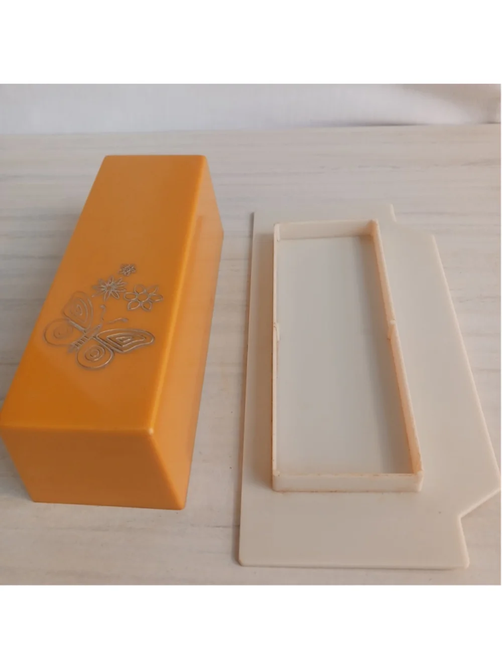 Vintage Butter Dish Harvest Gold Butterfly Flowers Plastic One Stick